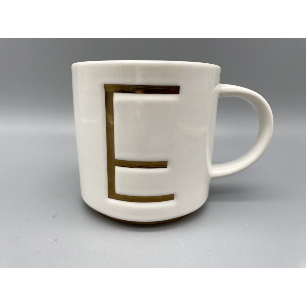 WILLIAMS SONOMA‎ Gold Monogram Initial E Art-Deco Coffee Tea Cup Mug